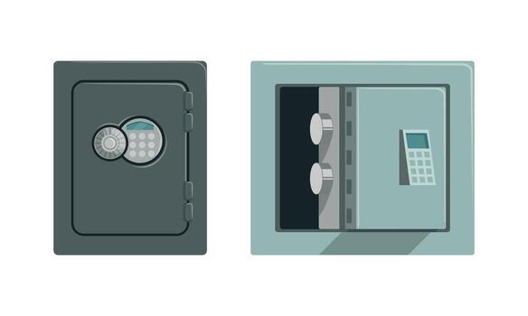 seguridad metal cajas fuertes colocar, gris blindado cajas con código llave ilustración vector
