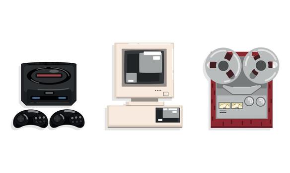 Retro Telecommunication Technologies Set, Reel Recorder Tape Player, Game Controller, Personal Computer Cartoon Illustration vector
