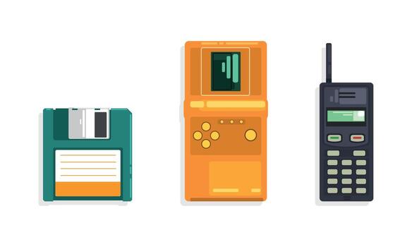Retro Telecommunication Devices Set, Tetris Electronic Game Console, Portable Handheld Radio, Diskette Cartoon Illustration vector