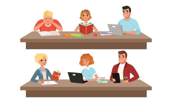 Table, Reading Books, Working at Laptop Computer Cartoon Illustration vector