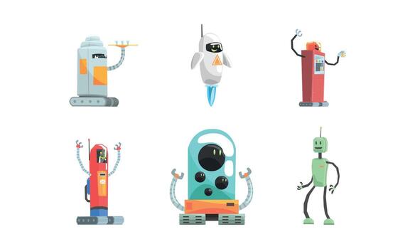 Set of Robot Cartoon Characters, Friendly Android Assistants, Artificial Intelligence Worker Illustration vector