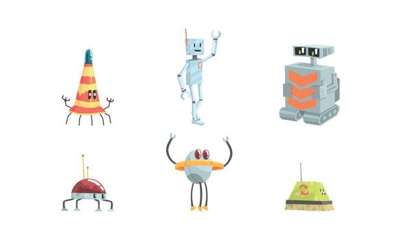Funny Robots Collection, Android Assistant, Artificial Intelligence Worker Cartoon Characters Illustration vector