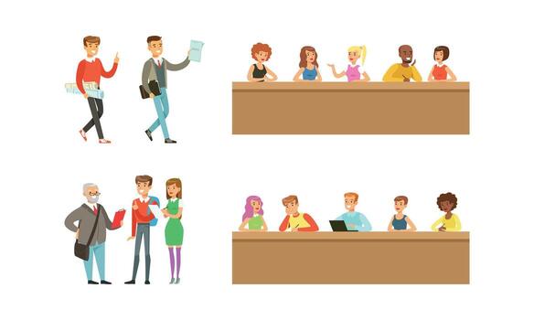 Students Studying at University Set, College and University Education, Students and Professors in Lecture Hall Cartoon Illustration vector
