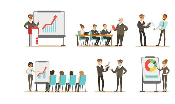Business Workflow Scenes Set, Business People Working in Office, Taking Part in Business Meeting, Negotiating and Brainstorming Illustration vector