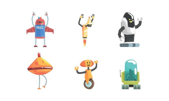 Set of Robot Characters, Android Assistant, Artificial Intelligence Worker Cartoon Illustration vector