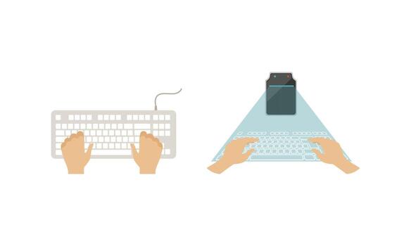 Top View of Male Hands on Computer Keyboard Set, Wireless and Virtual Input Device Illustration vector