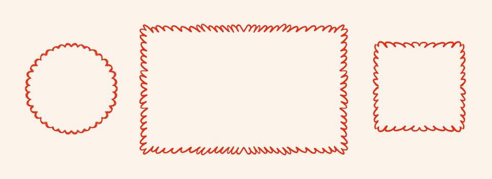 Hand drawn scalloped frame set. Red wavy edge border collection. Circle, rectangle and square doodled scallop box bundle for invitation template, poster, banner. Squiggle edges sketch cadre. vector