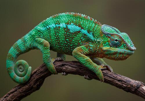 Vibrant Panther Chameleon Perched on Branch, Displaying Intricate Scale Patterns and Intense Gaze photo