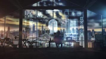 programador desarrollando artificial inteligencia en moderno oficina a puesta de sol video