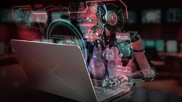 robot utilizando ordenador portátil con holográfico usuario interfaz y datos análisis caracteristicas video