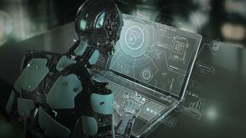 robô usando computador portátil com holográfico interface, analisando dados video