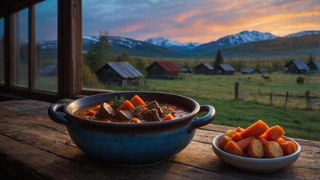 A bowl of stew and a bowl of potatoes on a table in front of a mountain view photo