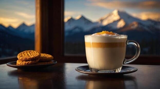 A cappuccino with cookies on a table in front of a mountain view photo