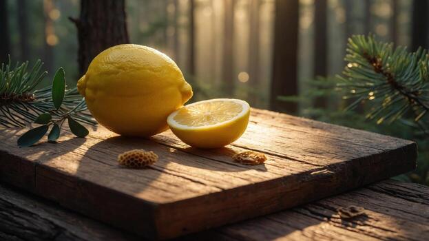 Fresco limón en un de madera tablero en un sereno bosque configuración, con suave luz de sol filtración mediante arboles foto