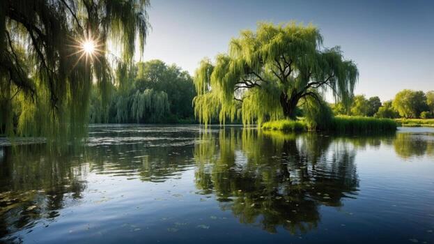 Serene lakeside view with a willow tree reflecting in calm water under a bright sun photo