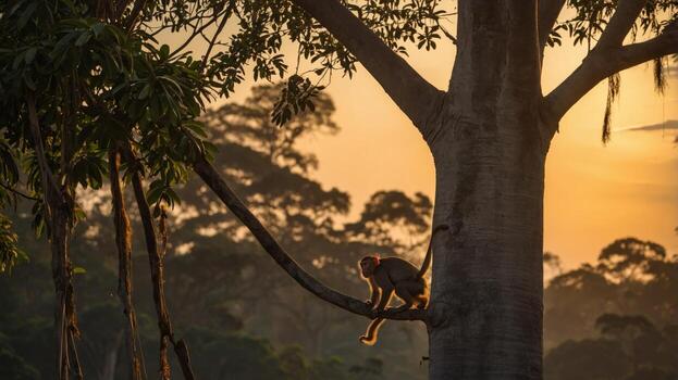 Monkey perched on a tree branch during sunset in a lush forest, creating a serene atmosphere photo
