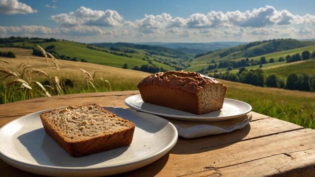 Two slices of banana bread on a table in front of a scenic view photo