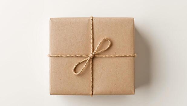 Brown Paper Package Tied Up With String, Minimalist, Overhead View, Cream Background. photo