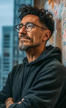 pensativo gerente reflejando cerca Kanban tablero en oficina, abrazando ágil metodología foto