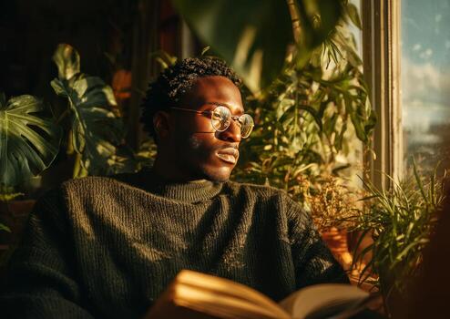 Young man reading a book surrounded by plants looking out the window photo