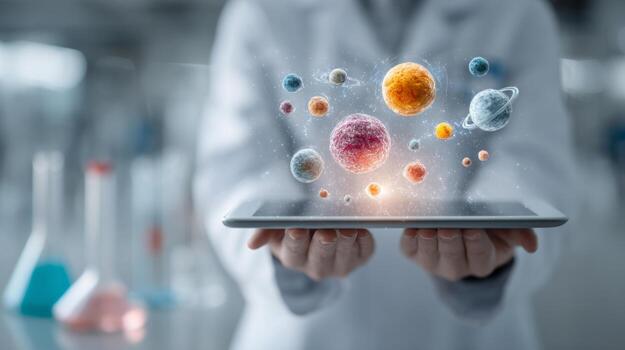 Scientist holding tablet showing hologram of planets and solar system in laboratory photo