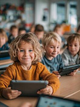 Elementary school students using digital tablets photo