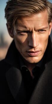 A man in a black coat and tie looking at the camera photo