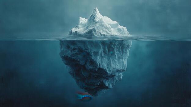 An iceberg floating in the ocean with a fish photo