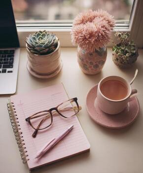 A notebook, a cup of tea and a laptop on a desk photo