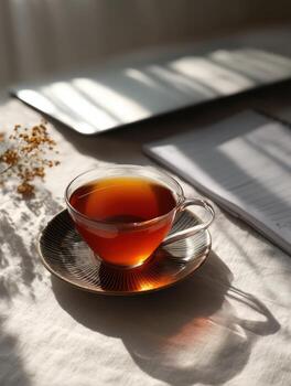 A cup of tea is on a table next to a laptop and a notebook photo