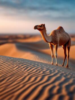 Camel standing on sand dune at dusk photo