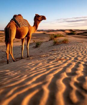 Camel walks across the Sahara at sunset photo