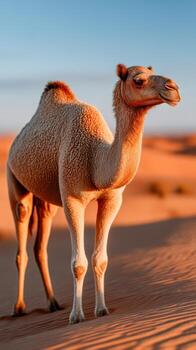 Camel standing in a desert landscape photo