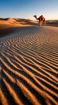 Camel walking on sand dunes in desert photo