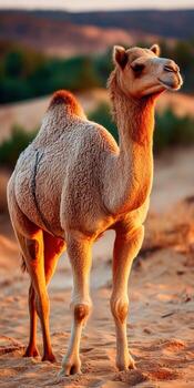 A camel standing in the desert at sunset photo