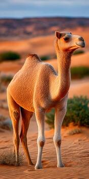 A camel standing in the desert photo