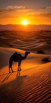 Camel walking on sand dunes at sunset photo