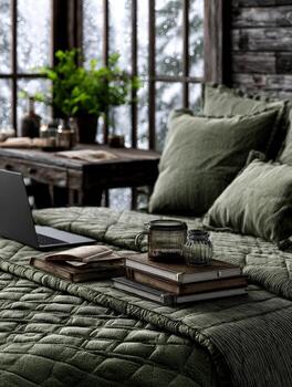 Cozy day on comfortable bed near window photo