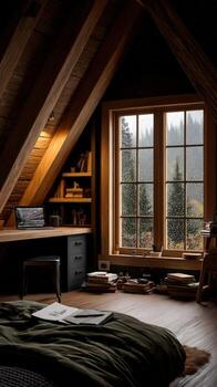 Rainy day in rustic cabin attic room photo