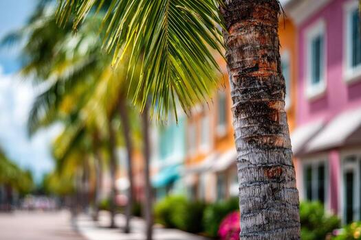 Palm trees and colorful buildings in bahamas photo