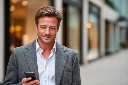 Man uses smartphone on urban street photo