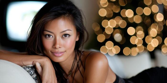 A woman laying on a couch with a christmas tree in the background photo