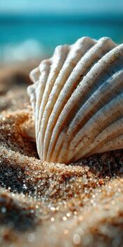 Seashell close up on sand at beach photo