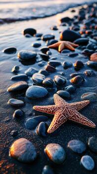 Starfish and pebbles at ocean beach photo