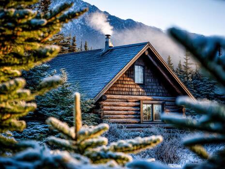 Iniciar sesión cabina en invierno cerca montañas foto