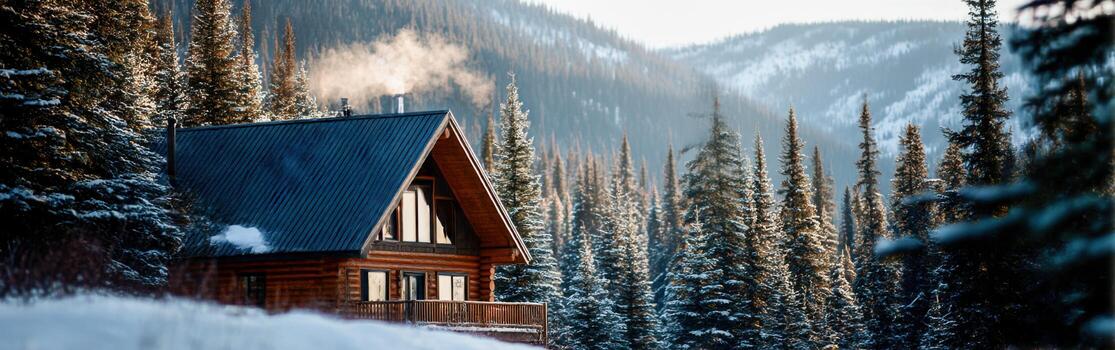 Iniciar sesión cabina en nieve cubierto bosque foto