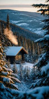 A cabin in the snow surrounded by trees photo