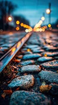 Cobblestone road with lights at dusk photo
