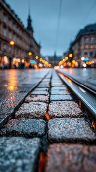 Cobblestone road with tram tracks in prague photo