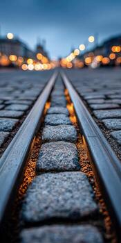 Tram tracks through cobblestone in Prague photo